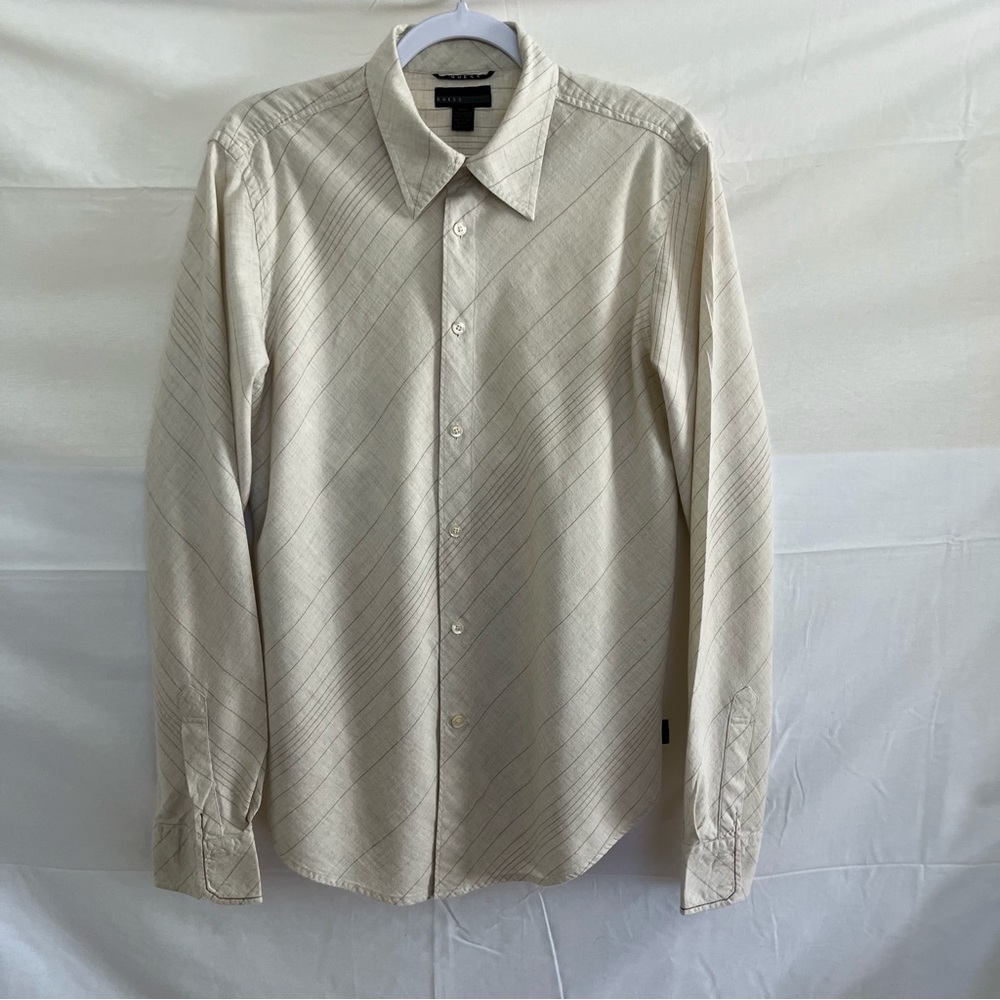 Guess Vintage Button Up Tan Striped Long Sleeve Shirt Size Medium